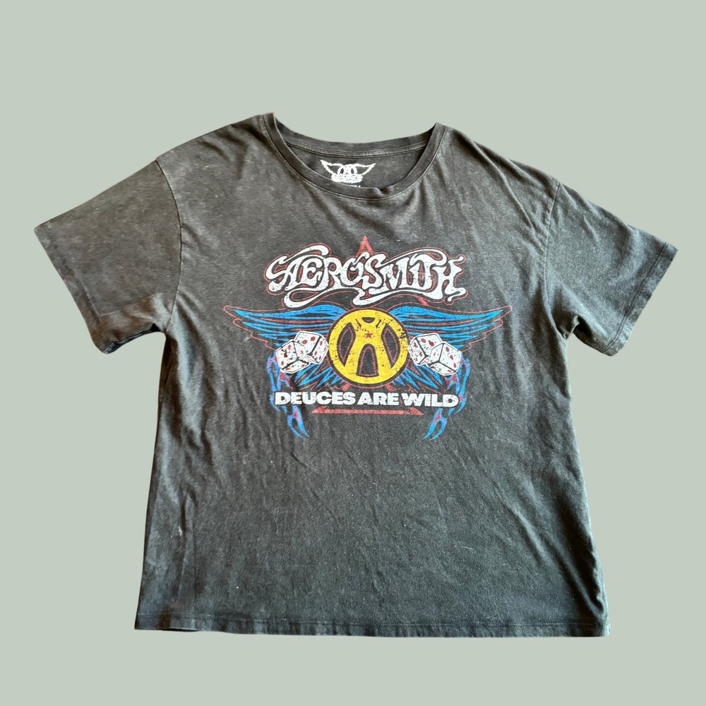 Aerosmith T-Shirt L Faded Black Cotton Deuces Are Wild Graphic Band Tee Grungen